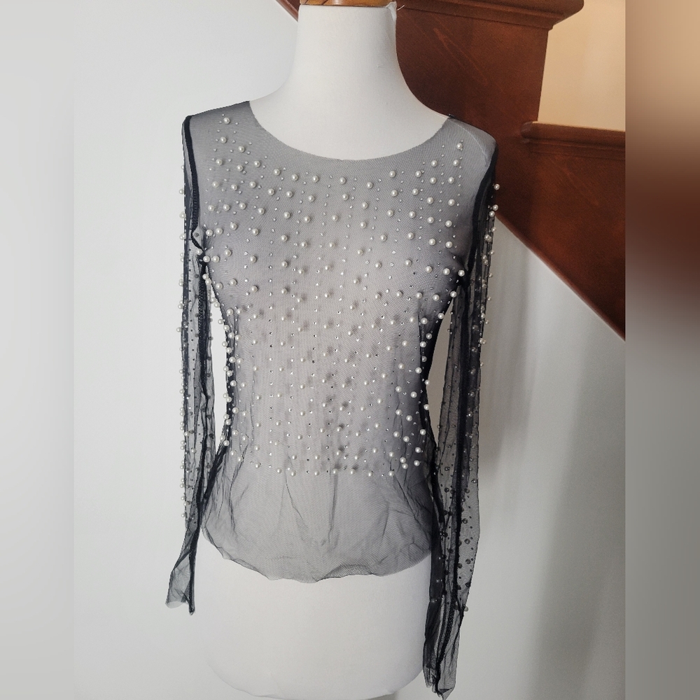 Mesh Sheer Black with Pearl Embelished Long Sleeve Blouse Top Size S